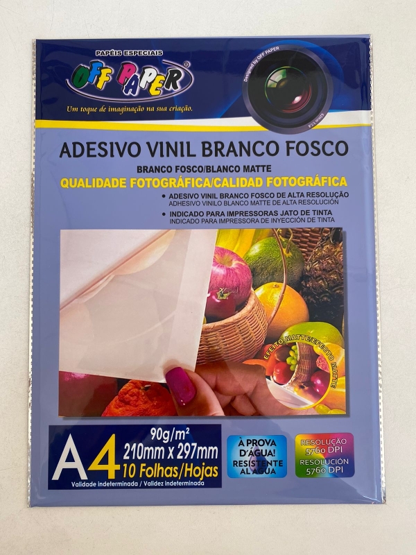 Adesivo Vinil Branco Fosco A4 90g 10fls (à prova d' água) OffPaper